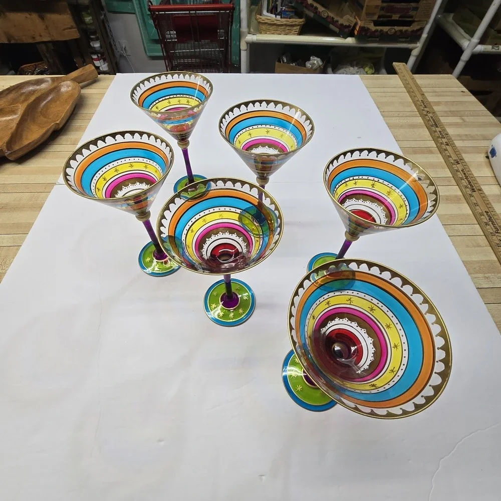 Pier 1 Festive Hand Painted Colorful Stripe Martini Glasses Set of‎ 6 EUC FIesta